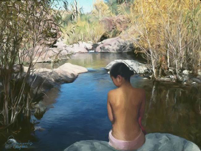Malerei mit dem Titel "Valyn's river" von Maria Pureza Escaño, Original-Kunstwerk, Öl