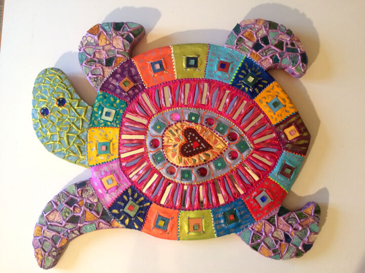 Design titled "tortue sauvage en m…" by Odile Maffone, Original Artwork, Mosaic Mounted on Wood Panel