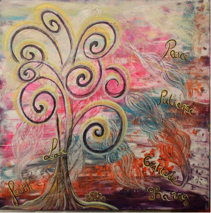 Schilderij getiteld "Tree of wishes" door Rivka, Origineel Kunstwerk, Acryl