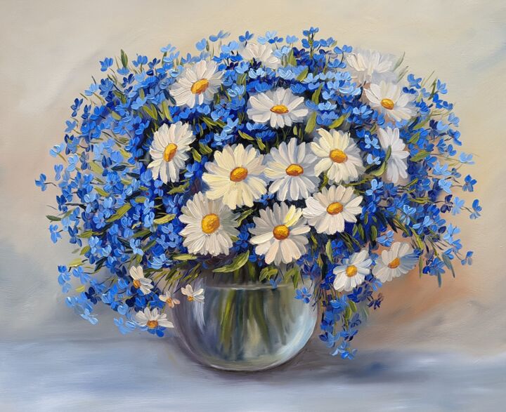 Painting titled "Bunte Blumen blau w…" by Olga Hanns (O. Hanns), Original Artwork, Oil