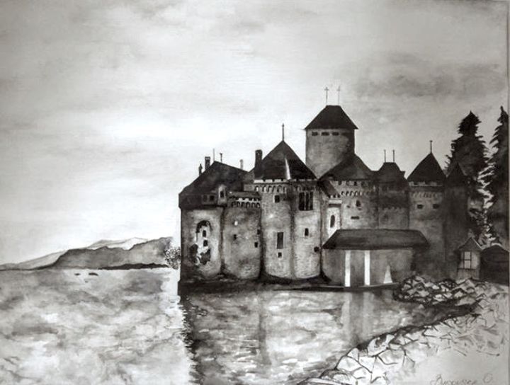 Malerei mit dem Titel "Château de Chillon" von Oksana Bykovska, Original-Kunstwerk, Aquarell