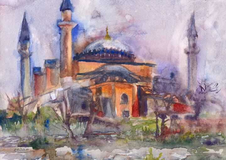 Malerei mit dem Titel "Aya Sofia, rainy da…" von Oksana Khyzhniak, Original-Kunstwerk, Aquarell