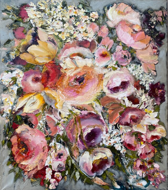 Painting titled "FLORAL PARADISE" by Oksana Petrova, Original Artwork, Oil Mounted on Wood Stretcher frame