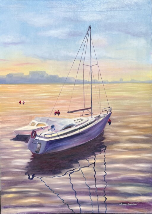 Painting titled "Sailboats at Sunset" by Oksana Salminen, Original Artwork, Oil Mounted on Wood Stretcher frame
