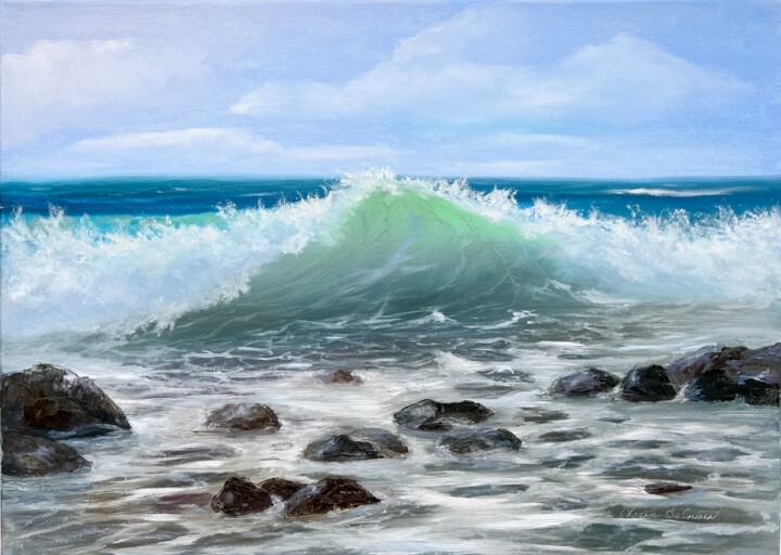 Painting titled "Wave and Rocks" by Oksana Salminen, Original Artwork, Oil Mounted on Wood Stretcher frame