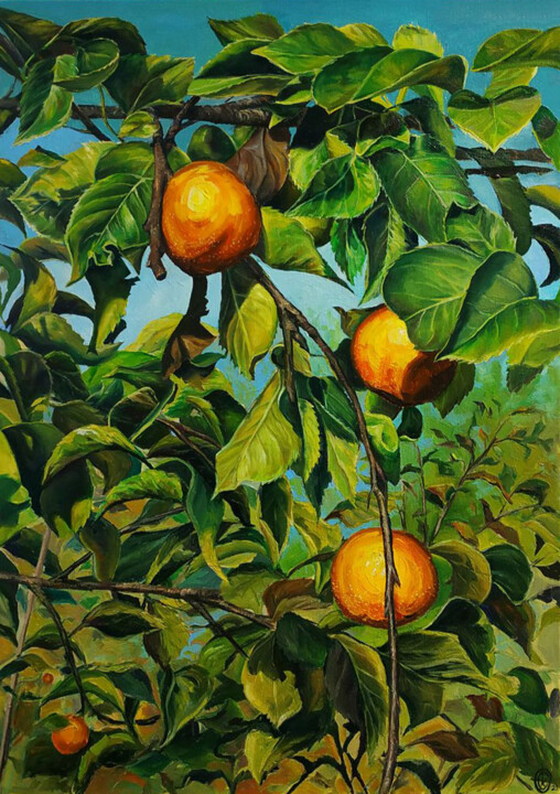 Painting titled "Japanese pear" by Oksana Sklym, Original Artwork, Oil Mounted on Wood Stretcher frame