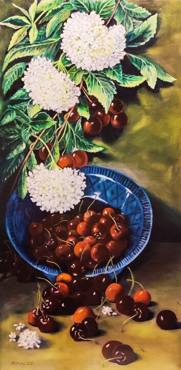 Ζωγραφική με τίτλο "Hydrangea with cher…" από Oksana Zaskotska, Αυθεντικά έργα τέχνης, Λάδι