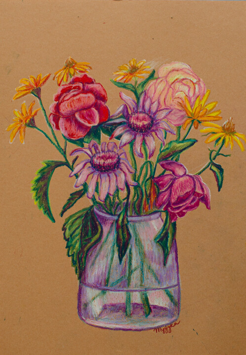 Рисунок под названием "Flowers from the ga…" - Oksana Muzyka, Подлинное произведение искусства, Цветные карандаши