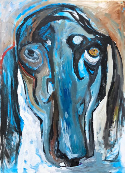 Pittura intitolato "Blu dog" da Olga Rocher, Opera d'arte originale, Olio