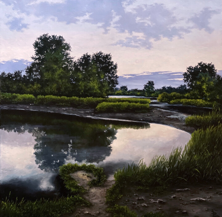Painting titled "Summer landscape" by Oleg Baulin, Original Artwork, Oil Mounted on Wood Stretcher frame