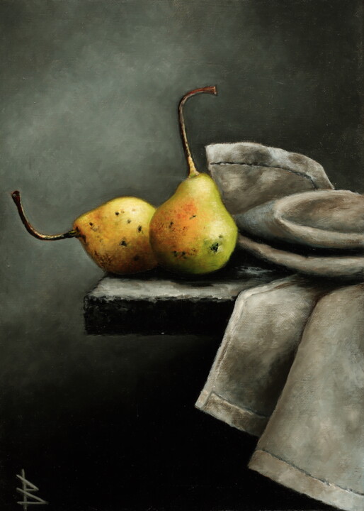 Malarstwo zatytułowany „Two pears” autorstwa Oleg Baulin, Oryginalna praca, Olej Zamontowany na Drewniana rama noszy