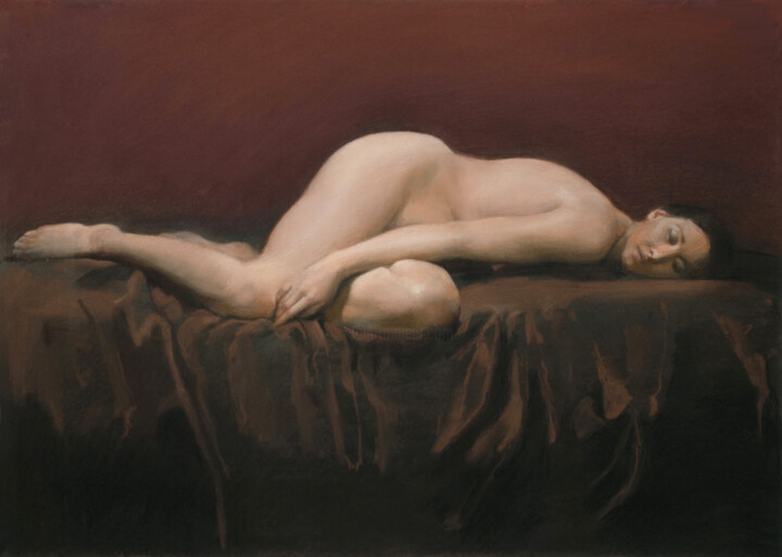 Malerei mit dem Titel "Sleeping on brown" von Oleg Sergeev, Original-Kunstwerk, Pastell