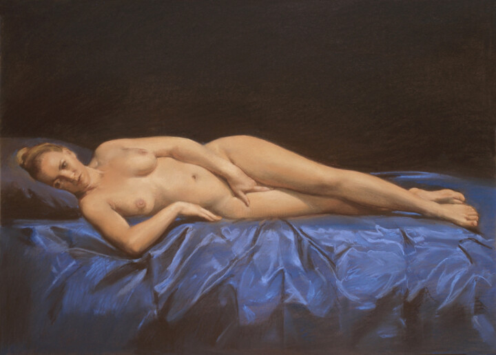 Schilderij getiteld "Nude on blue (2)" door Oleg Sergeev, Origineel Kunstwerk, Pastel