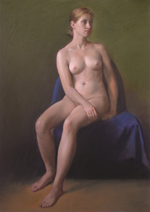 Painting titled "Nude seated on blue" by Oleg Sergeev, Original Artwork, Pastel