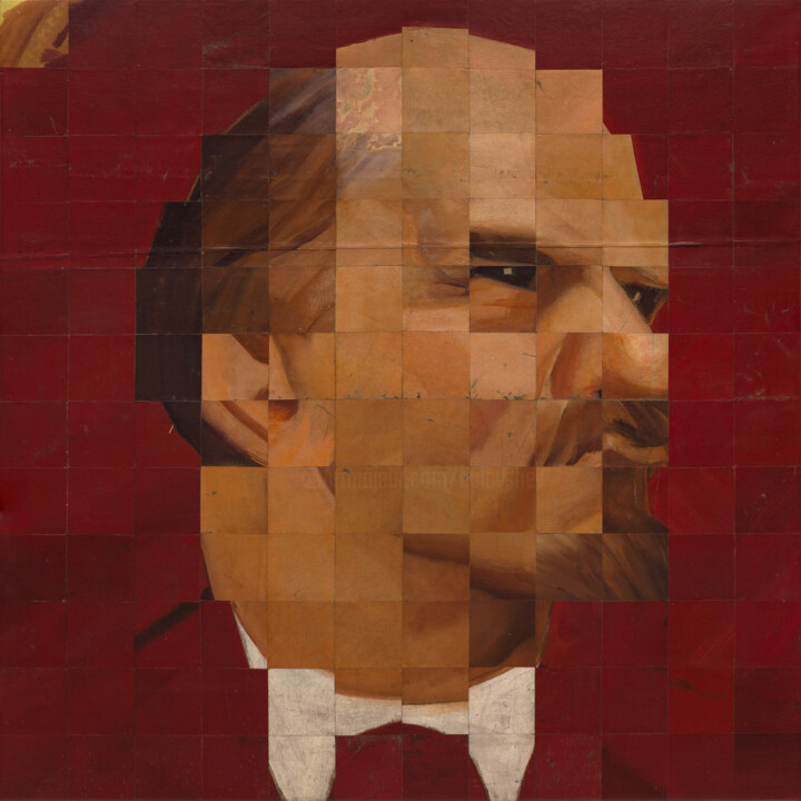 「Recycled Lenin #15」というタイトルの絵画 Oleksandr Balbyshevによって, オリジナルのアートワーク, オイル ウッドストレッチャーフレームにマウント