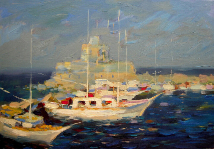 Painting titled "Rhodes yachts" by Oleksandr Bohomazov, Original Artwork, Oil