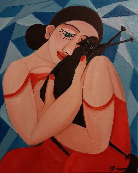 Pintura titulada "Mulher com um gatin…" por Olena Blinnikova, Obra de arte original, Oleo Montado en Bastidor de camilla de…
