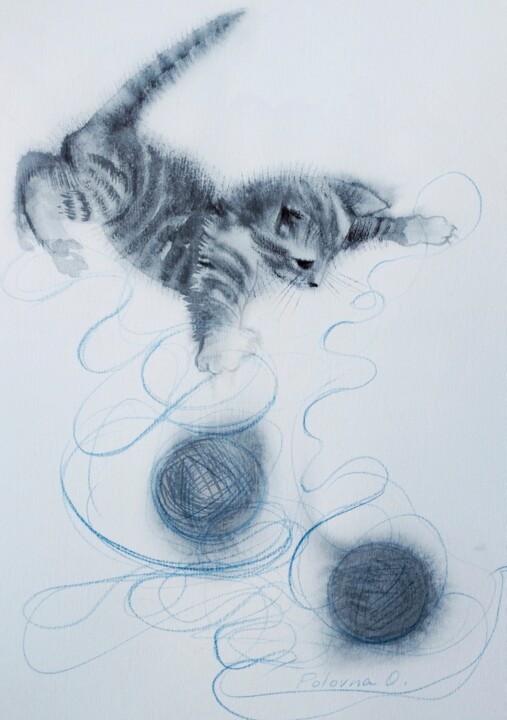 Dessin intitulée "Le chat est un escl…" par Olena Polovna, Œuvre d'art originale, Aquarelle