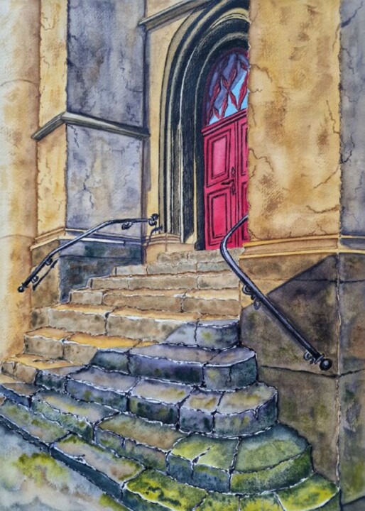 Painting titled "Old staircase" by Olena Yemelianova, Original Artwork, Watercolor