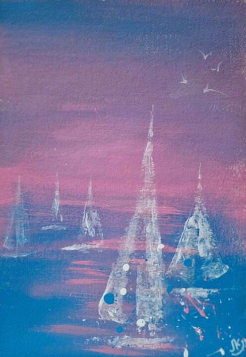 Peinture intitulée "Yachts at dawn" par Olena Yemelianova, Œuvre d'art originale, Acrylique