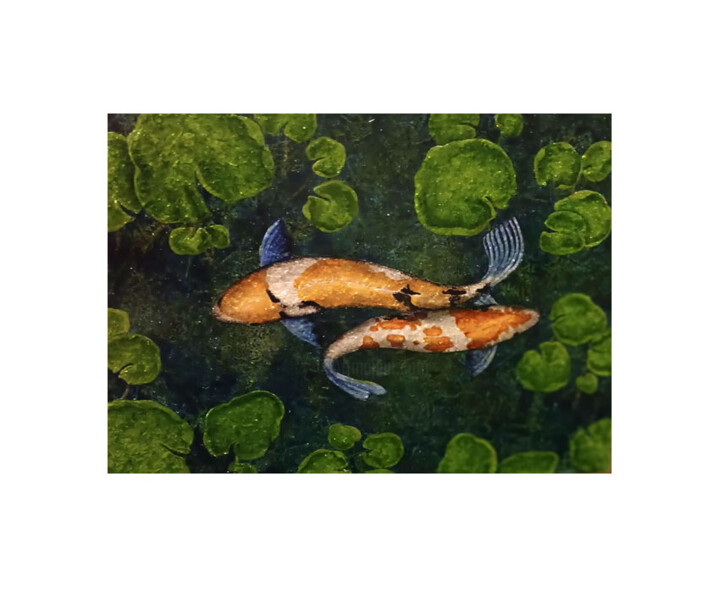 Pittura intitolato "Koi en el estanque" da Oleos Heiko, Opera d'arte originale, Olio Montato su Pannello di legno