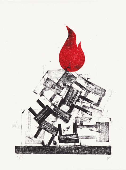 Printmaking titled "on Fire" by Olesia Krivolapova, Original Artwork, Xylography
