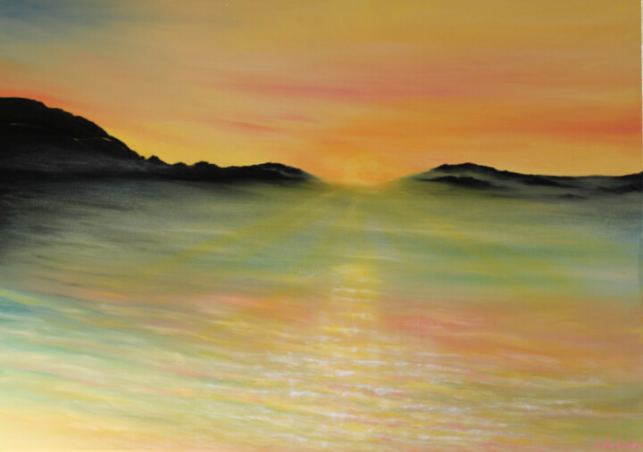 「Radiant Sunset - ye…」というタイトルの絵画 Olesia Lebedenkoによって, オリジナルのアートワーク, オイル ウッドストレッチャーフレームにマウント