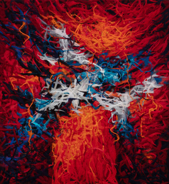 Schilderij getiteld "Red energy" door Olesia Tkachenko, Origineel Kunstwerk, Textielvezel Gemonteerd op Frame voor houten br…