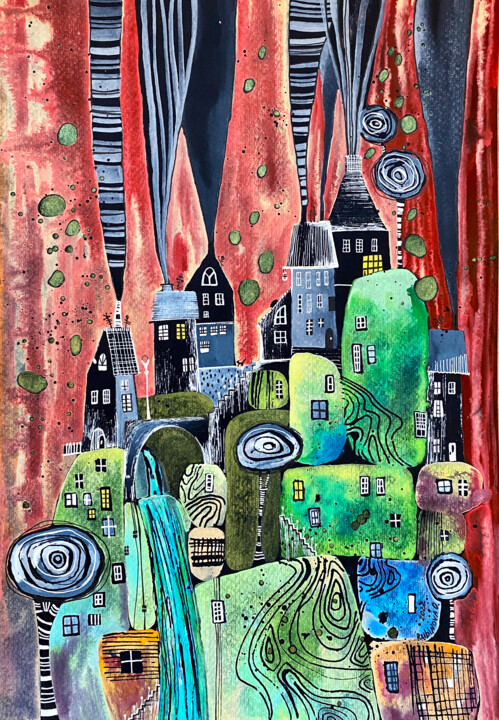 Malarstwo zatytułowany „STONE CITY” autorstwa Olesya Rubinova, Oryginalna praca, Akwarela