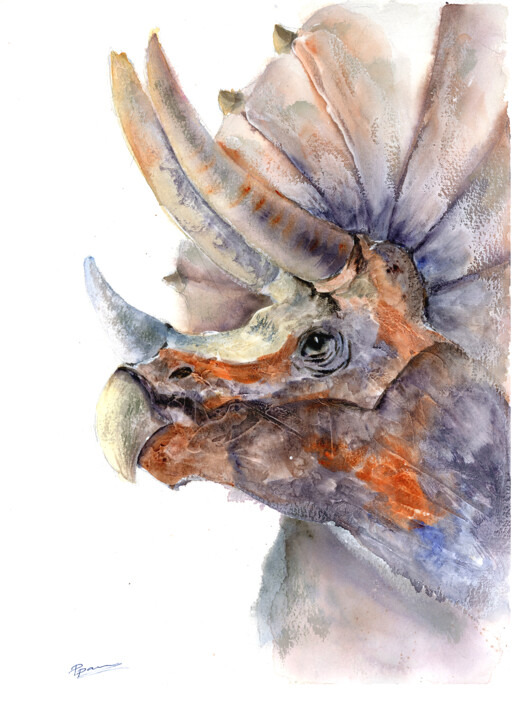 Painting titled "TRICERATOPS - ORIGI…" by Paintispassion, Original Artwork, Watercolor