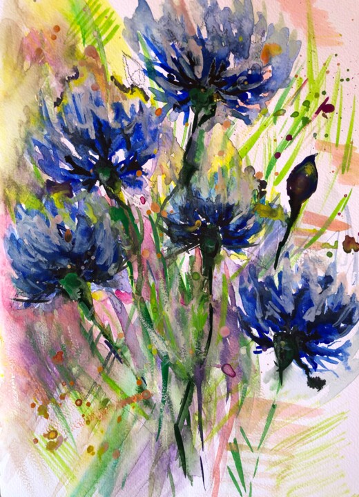 Pintura titulada "Cornflowers" por Olga Baryshnikova, Obra de arte original, Acuarela