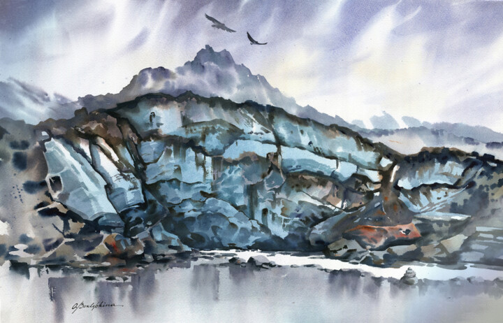 Pintura intitulada "Shkhelda glacier 01" por Olga Bezlepkina, Obras de arte originais, Aquarela