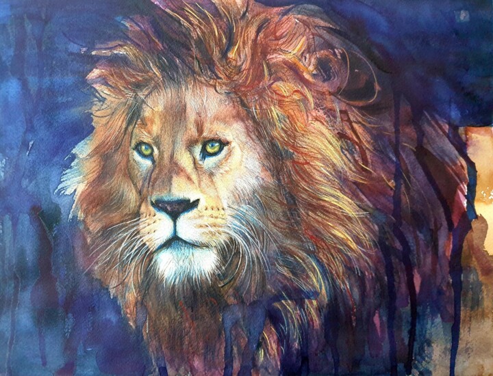 Painting titled "Lion" by Olga Brink, Original Artwork, Watercolor