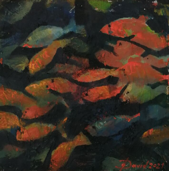 Картина под названием "School of fish" - Olga David, Подлинное произведение искусства, Акрил Установлен на Деревянная рама д…