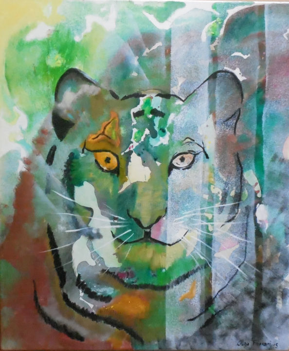 Pittura intitolato "The green tiger" da Olga Ferrari, Opera d'arte originale, Acrilico