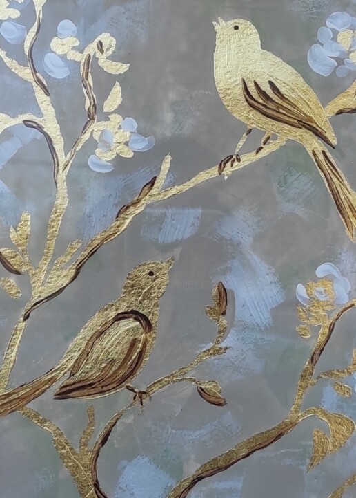 Malarstwo zatytułowany „"Golden birds on a…” autorstwa Olga Ponomarenko, Oryginalna praca, Akryl Zamontowany na Karton