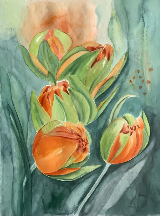 Painting titled "Orange flowers" by Olga Poruchikova, Original Artwork, Watercolor