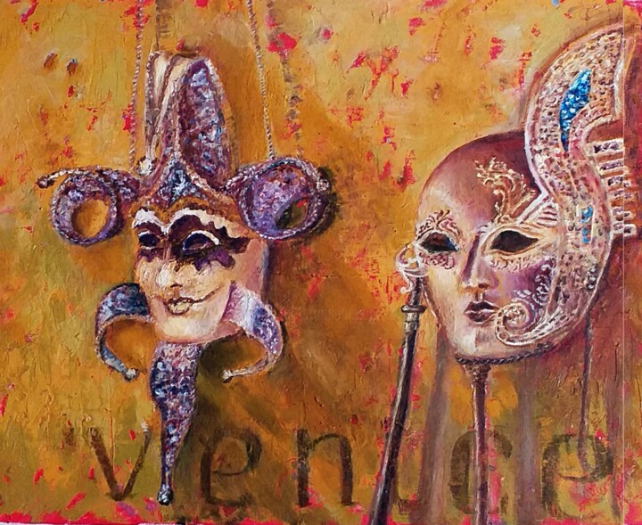 Schilderij getiteld "Venetian Masks on a…" door Olga Vedyagina, Origineel Kunstwerk, Olie