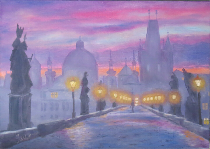 Peinture intitulée "Sunset over Prague.…" par Olga Yashchenko, Œuvre d'art originale, Huile Monté sur Châssis en bois