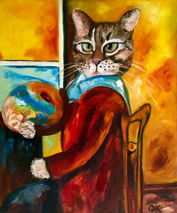 Painting titled "Troy My Cat Artist…" by Olga Koval, Original Artwork, Oil Mounted on Wood Stretcher frame