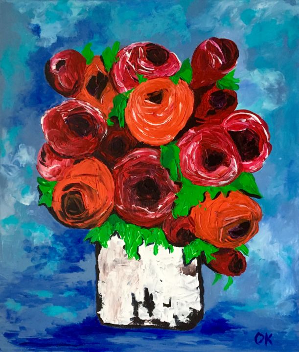 Pittura intitolato "Bouquet of red and…" da Olga Koval, Opera d'arte originale, Acrilico Montato su Telaio per barella in le…