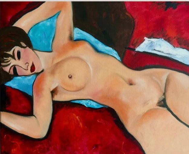 Painting titled "Red Nude inspired b…" by Olga Koval, Original Artwork, Oil Mounted on Wood Stretcher frame