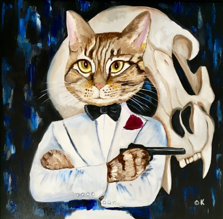 Painting titled "Spectre Cat James B…" by Olga Koval, Original Artwork, Oil Mounted on Wood Stretcher frame