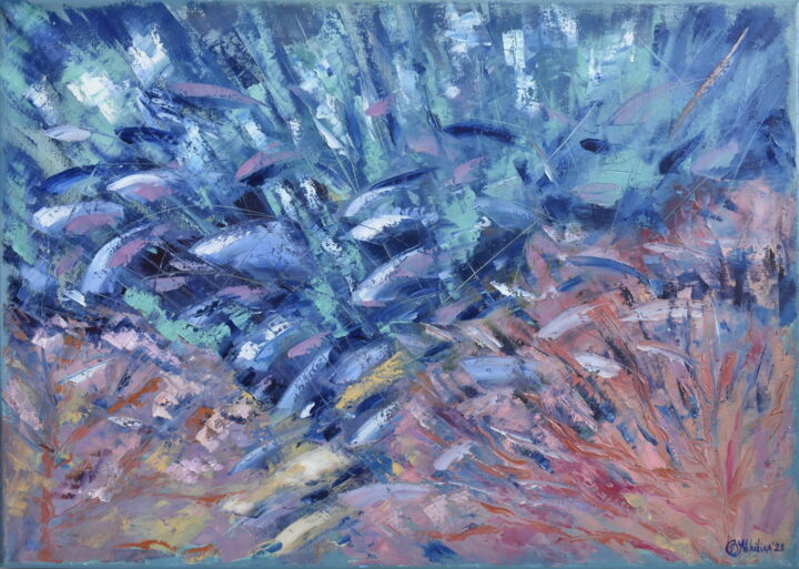 Painting titled "Fish in Coral Paint…" by Olga Nikitina, Original Artwork, Oil Mounted on Wood Stretcher frame
