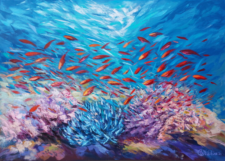 제목이 "Coral Reef Painting…"인 미술작품 Olga Nikitina로, 원작, 기름 나무 들것 프레임에 장착됨