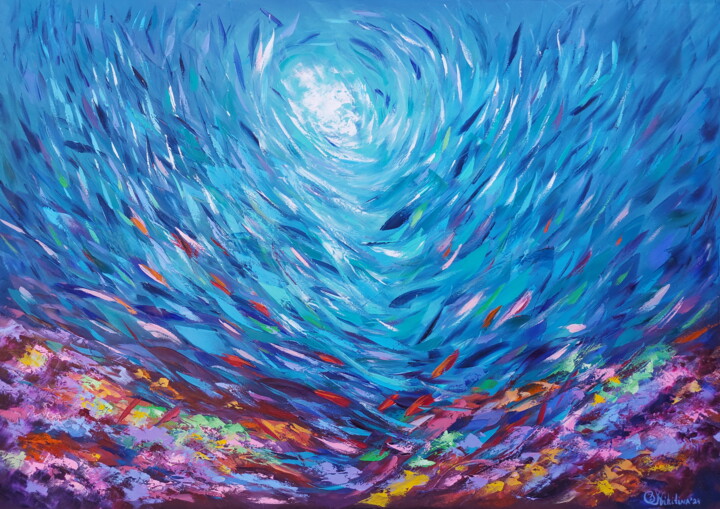 제목이 "Tropical Coral Reef…"인 미술작품 Olga Nikitina로, 원작, 기름 나무 들것 프레임에 장착됨