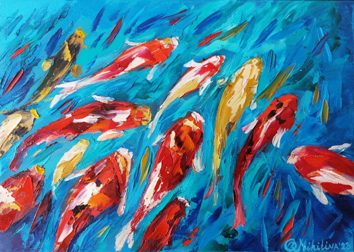 제목이 "Koi Fish Painting"인 미술작품 Olga Nikitina로, 원작, 기름 나무 들것 프레임에 장착됨