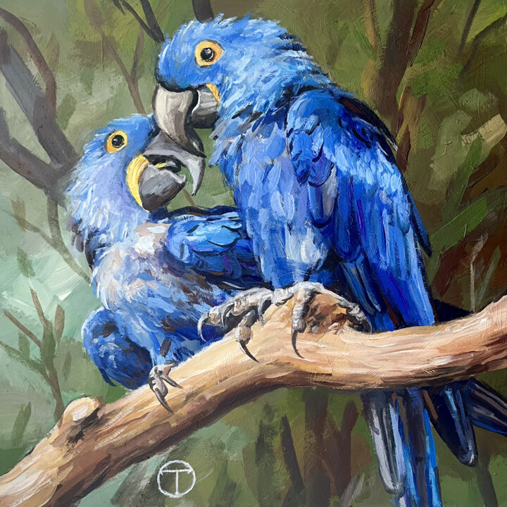 Pintura titulada "Hyacinth Macaws" por Olia Tomkova, Obra de arte original, Acrílico