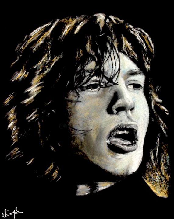 Tekening getiteld "Mick Jagger - Gold…" door Olivier Pringal, Origineel Kunstwerk, Pastel Gemonteerd op Frame voor houten br…