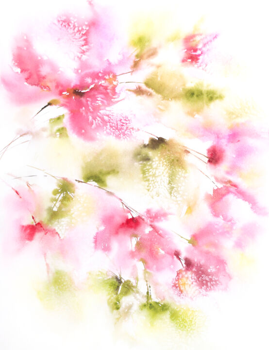 Soft Pink Flowers, Watercolor Abstract B, Painting by Olya